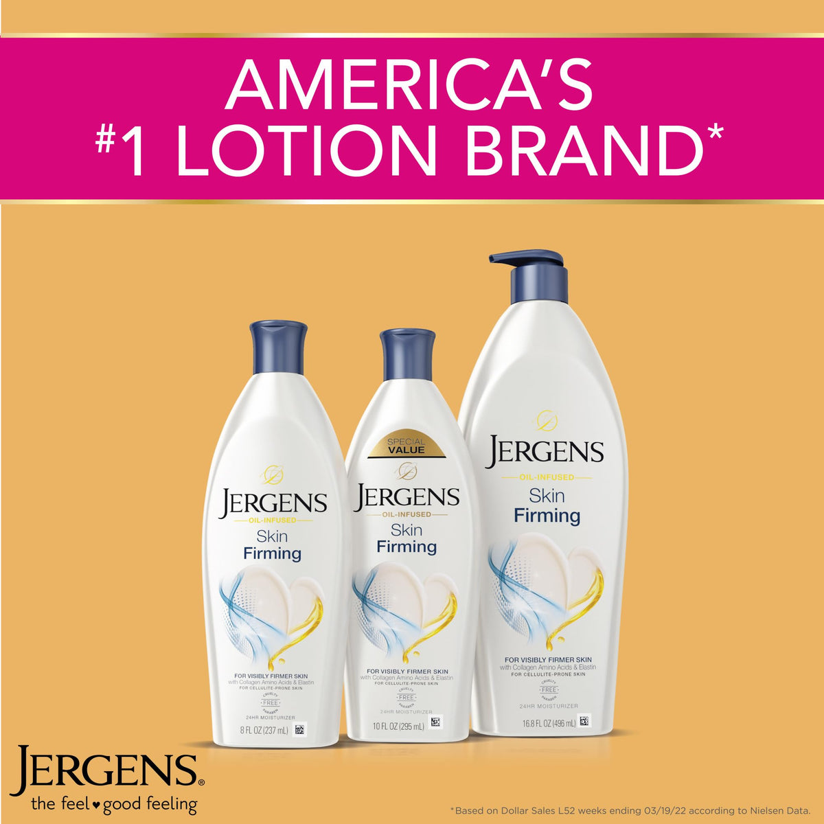 Jergens ingredients display with shea oil, Vitamin E, collagen for nourishing benefits