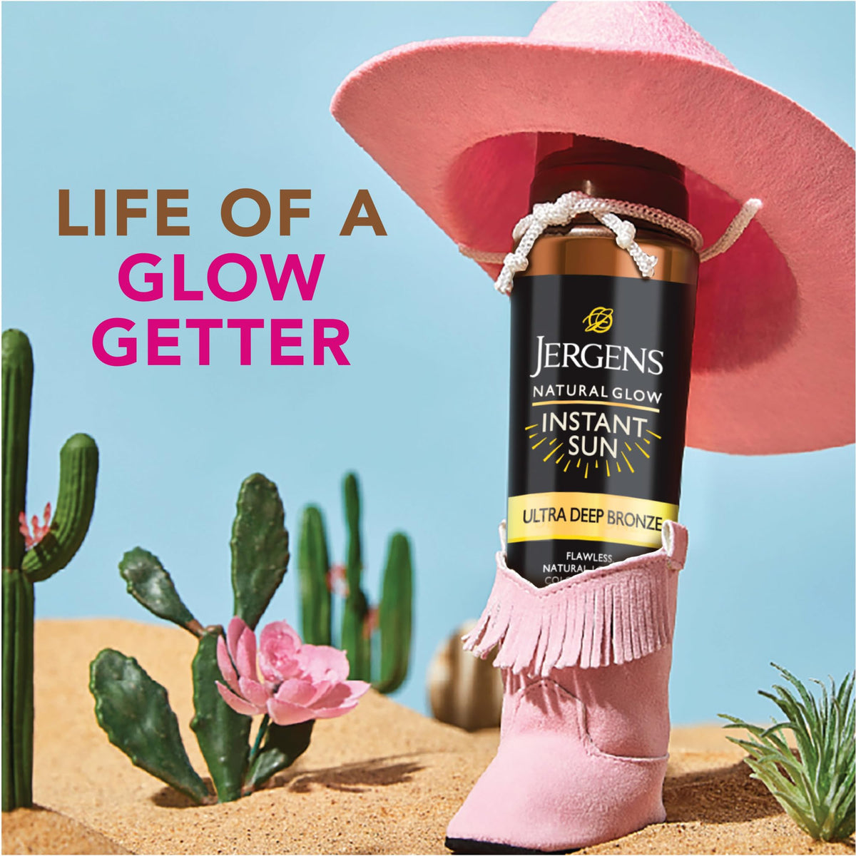 Lifestyle shot of Jergens in a beach bag implying vacation-ready, sunless glow