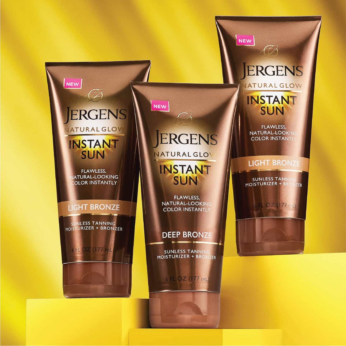 Jergens bottle in beach bag suggesting travel-ready, fresh-scented tan