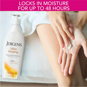 Jergens applying lotion to heel, shows targeted relief for rough spots