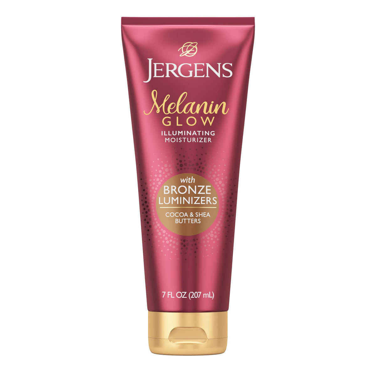 Jergens bottle front view showing product name and purpose, enhances glow