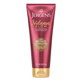 Jergens bottle front view showing product name and purpose, enhances glow