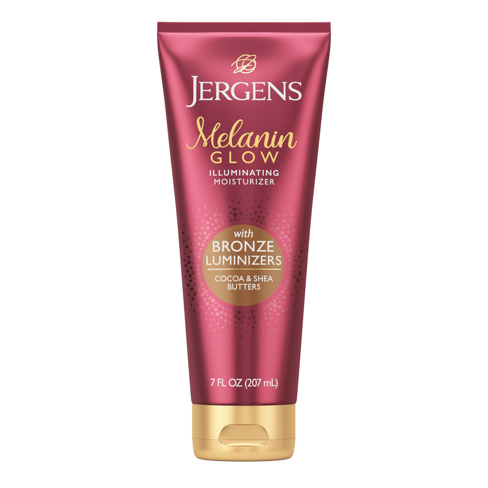 Jergens bottle front view showing product name and purpose, enhances glow