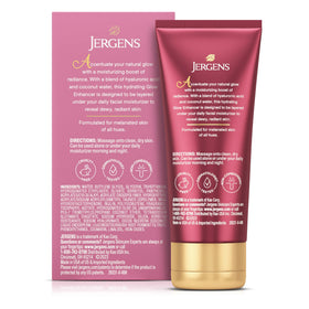 Jergens on vanity with skincare, lifestyle scene for everyday glow