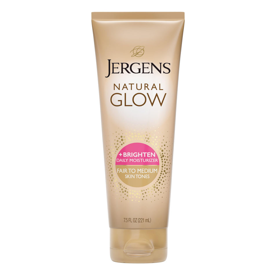 Jergens front packaging showing bottle and branding, highlights gradual tan benefit