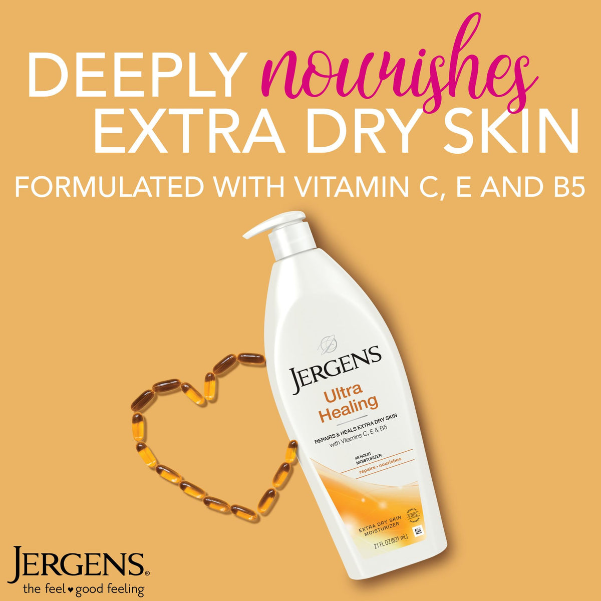 Jergens close-up pump and creamy lotion texture, demonstrates quick absorption