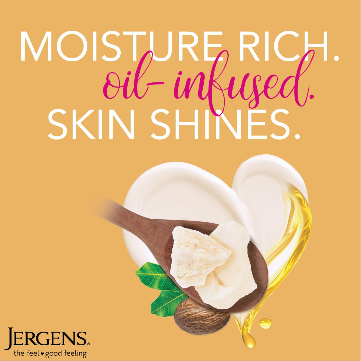 Jergens shea butter ingredient jar highlighting natural shea butter and nourishing benefits