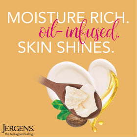 Jergens shea butter ingredient jar highlighting natural shea butter and nourishing benefits
