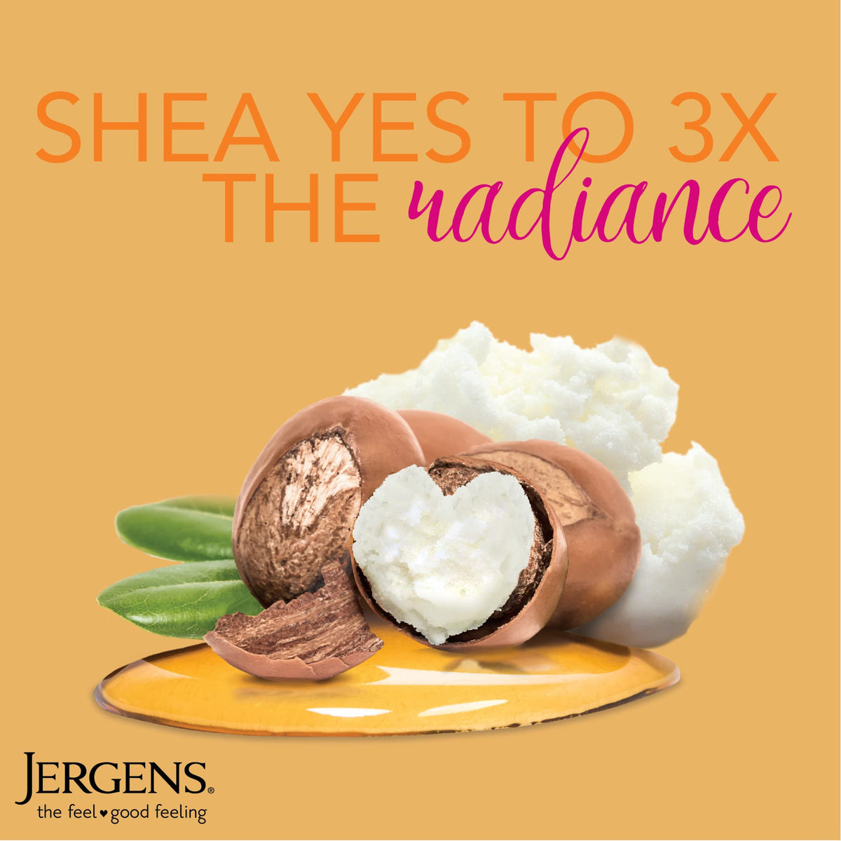 Jergens ingredients shot featuring shea butter for nourishing hydration