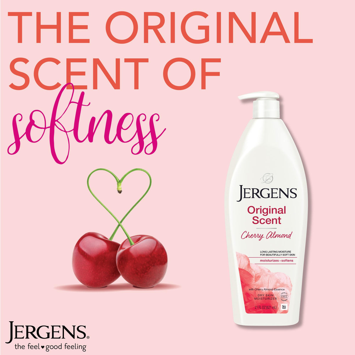 Size comparison of Jergens 21 oz bottle next to a hand to show scale convenience