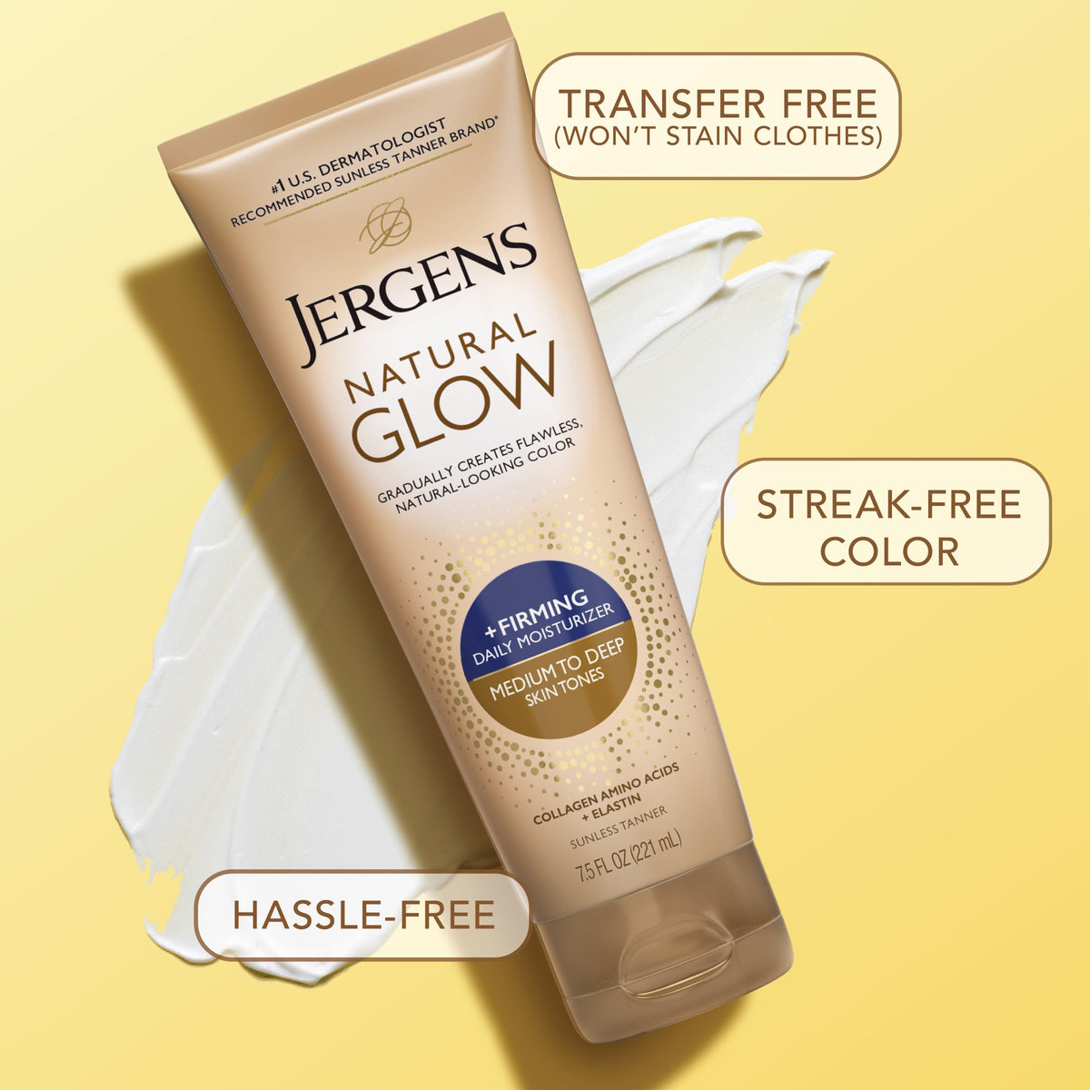 Jergens products next to a hand for scale showing travel-friendly 2oz face and 7.5oz body sizes