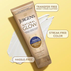 Jergens products next to a hand for scale showing travel-friendly 2oz face and 7.5oz body sizes