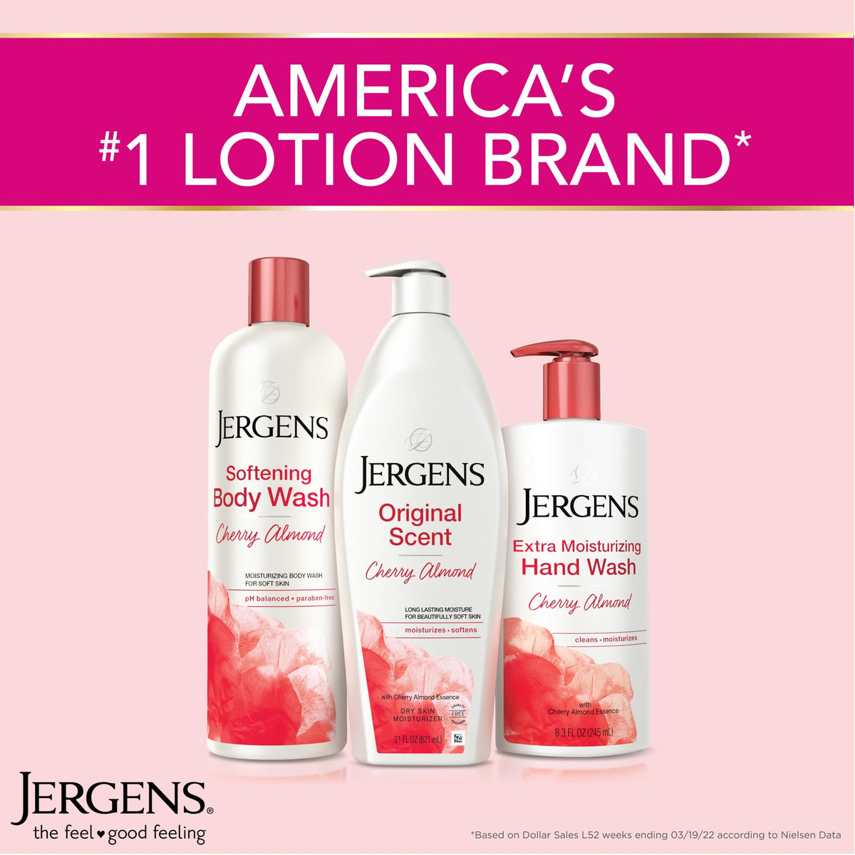 Three-pack of Jergens bottles on shelf demonstrating value and supply benefit