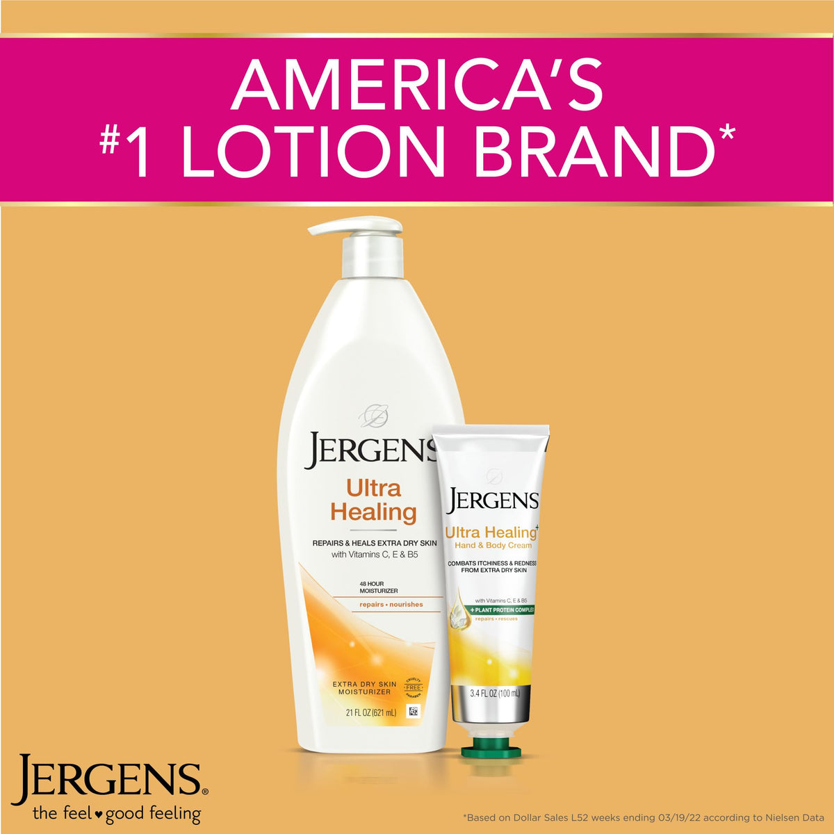 Jergens ingredient callout with vitamins C E B5 highlighting skin-conditioning benefit