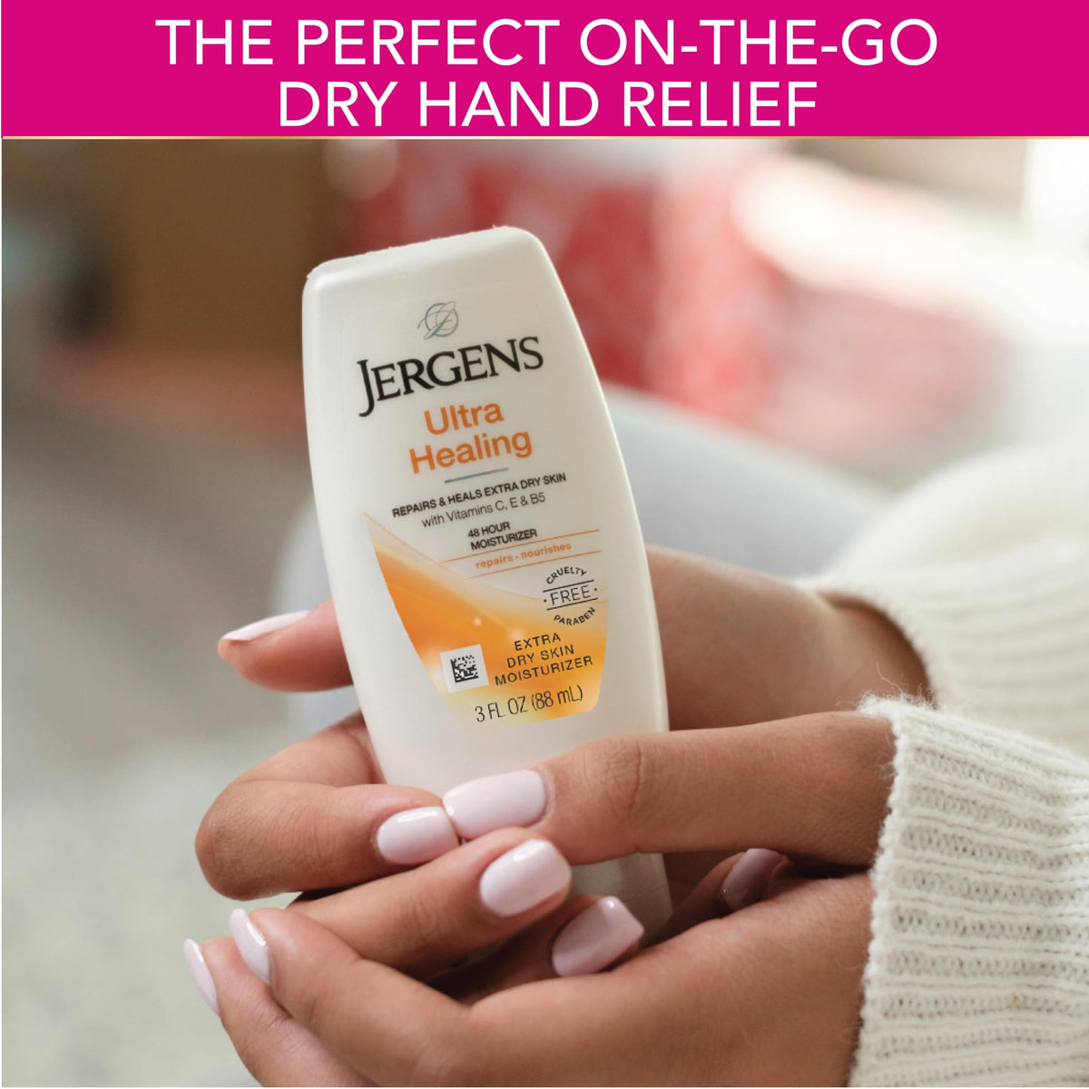 Jergens lotion texture close-up demonstrating smooth, fast-absorbing formula