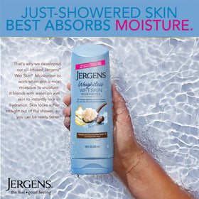 Jergens in-shower application on wet skin showing quick, simple use