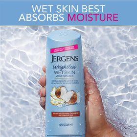 Jergens being applied to wet arm demonstrating immediate hydration