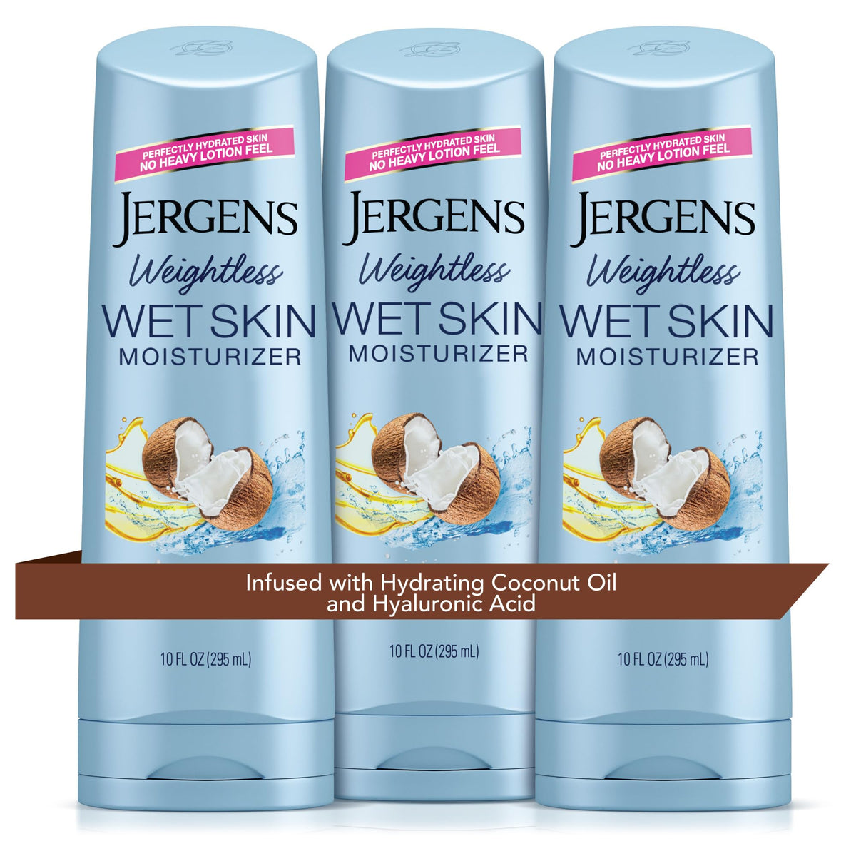 Jergens front packaging showing bottle and coconut oil benefits