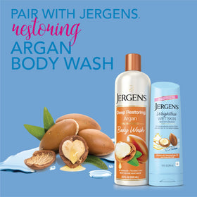 Jergens bottle in shower scene illustrating in-shower application convenience