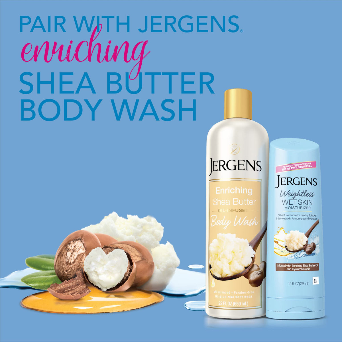 Jergens shea oil ingredient visual emphasizing natural-derived hydration