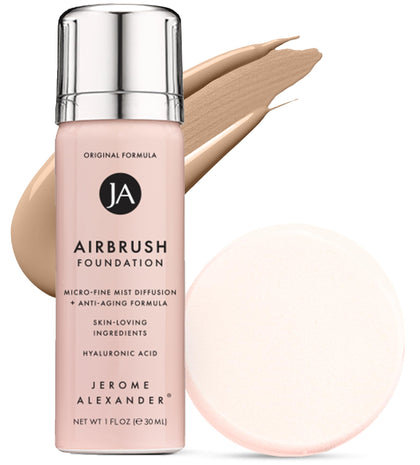 Jerome Alexander front packaging showing travel-size bottle and warm medium shade benefit: keeps foundation portable