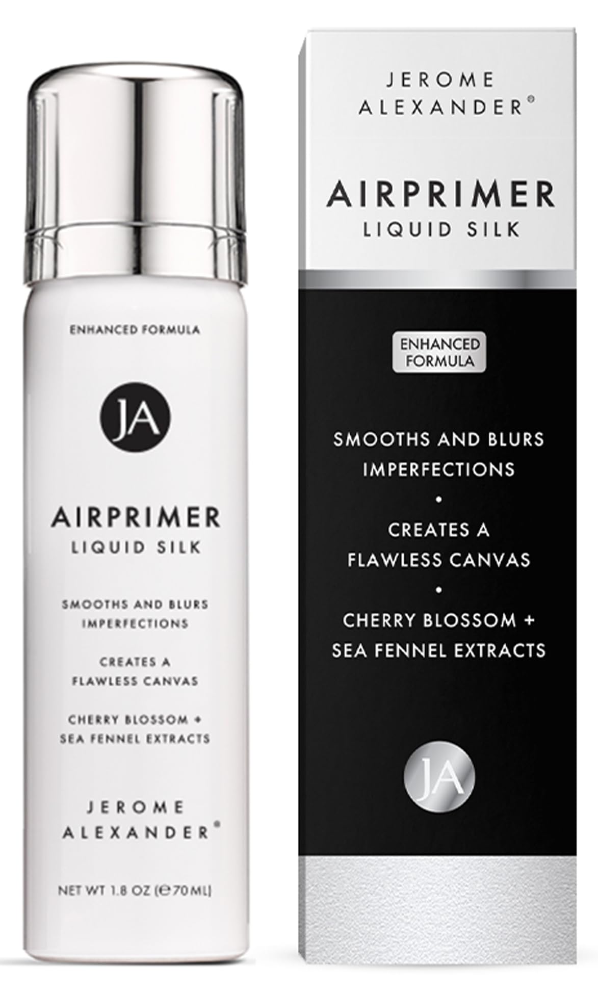 Jerome Alexander bottle front shot showing sleek primer packaging and instant pore-smoothing benefit