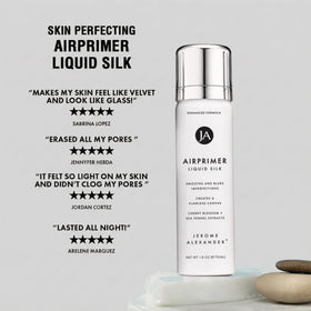 Jerome Alexander primer placed on vanity with brushes showing quick pre-makeup convenience