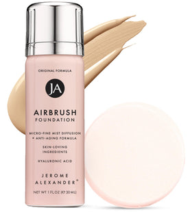 Jerome Alexander front packaging showing travel-friendly foundation bottle and branding benefit