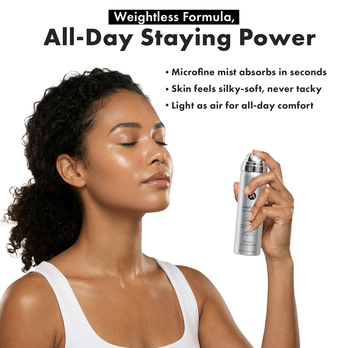 Jerome Alexander mist in air illustrating even coverage and featherlight feel