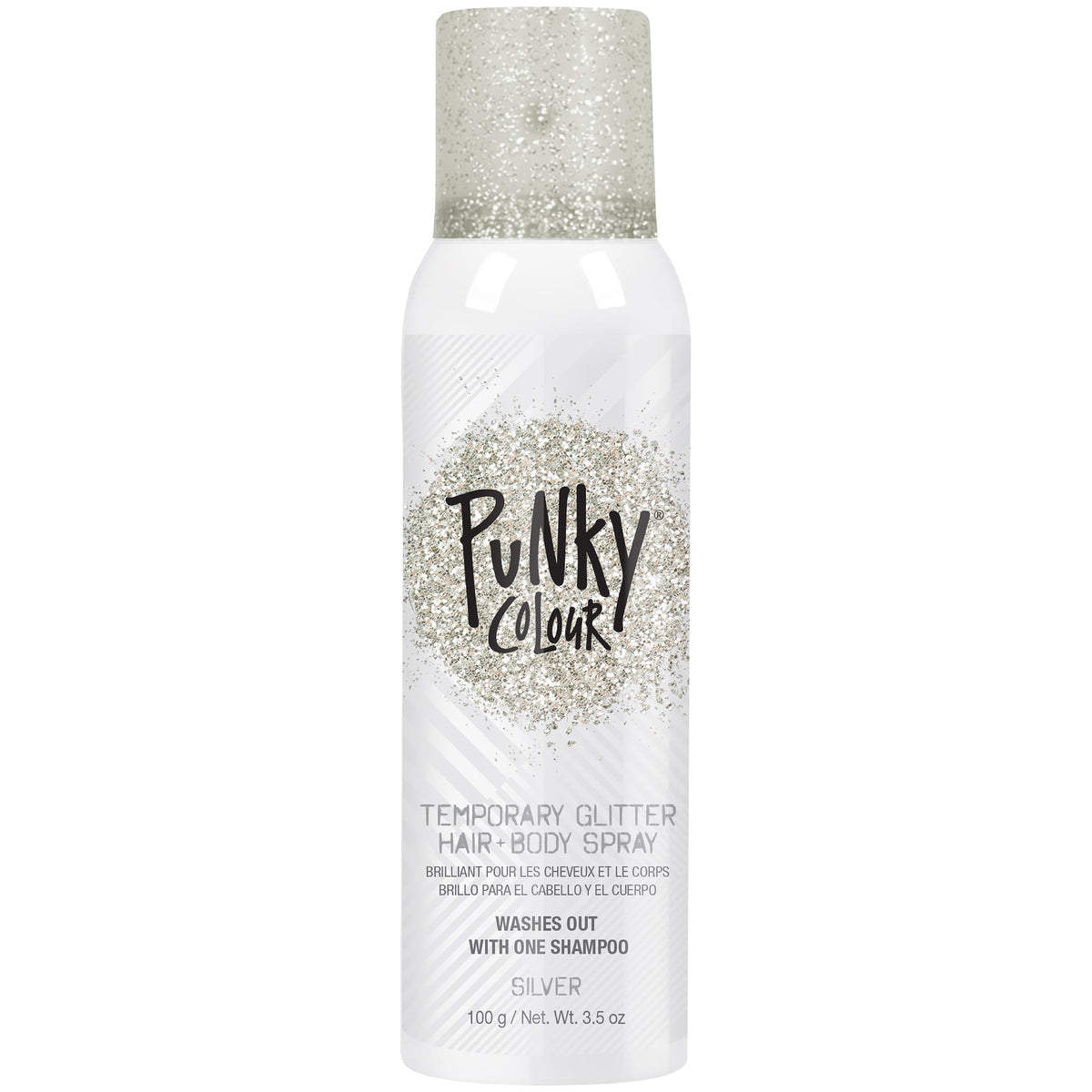 Jerome Russell Punky front packaging showing silver glitter can, clear product ID and benefit