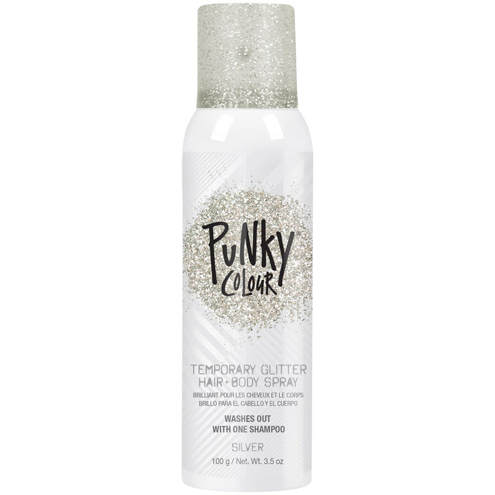 Jerome Russell Punky front packaging showing silver glitter can, clear product ID and benefit