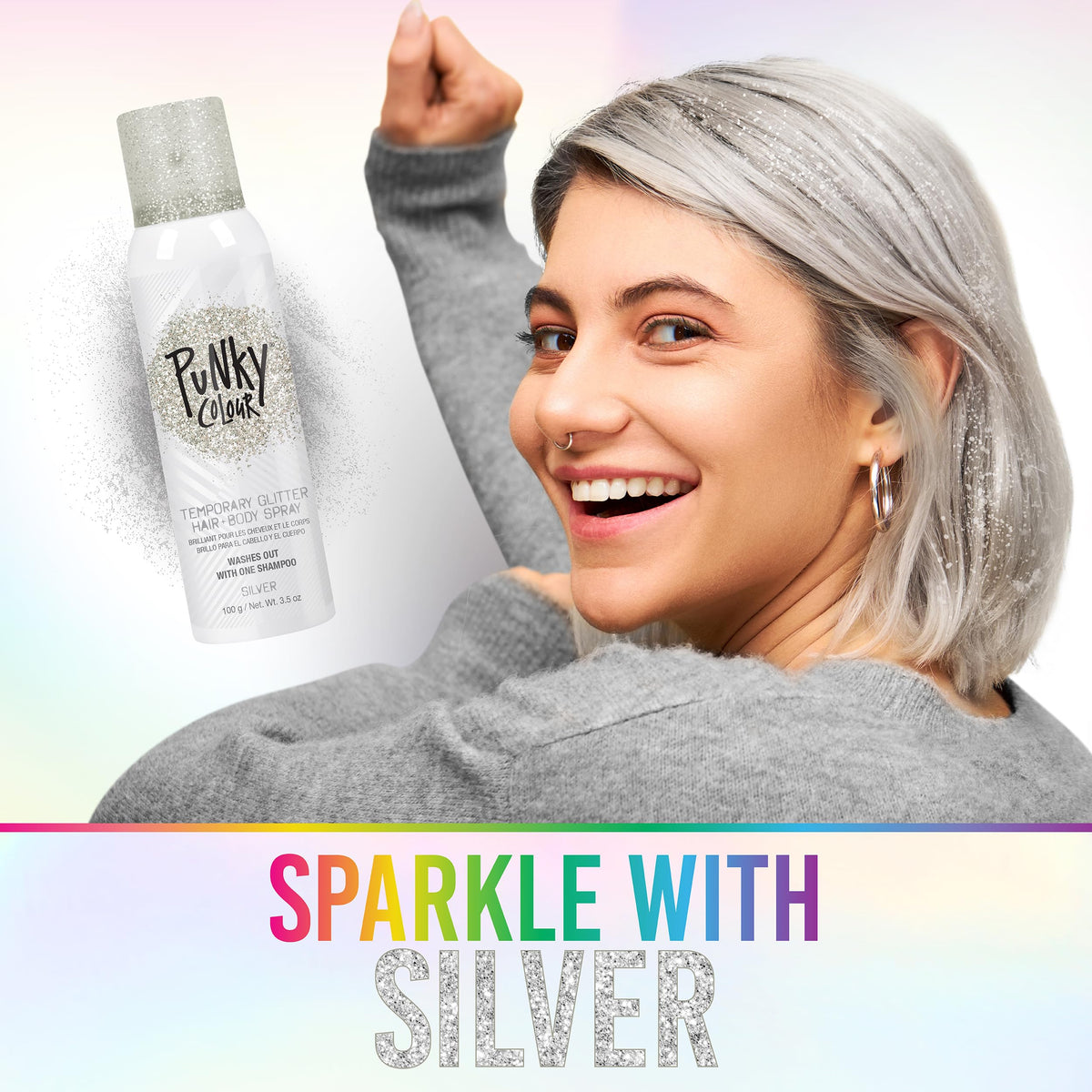 Jerome Russell Punky spraying silver glitter on hair, instant shine and layered effect
