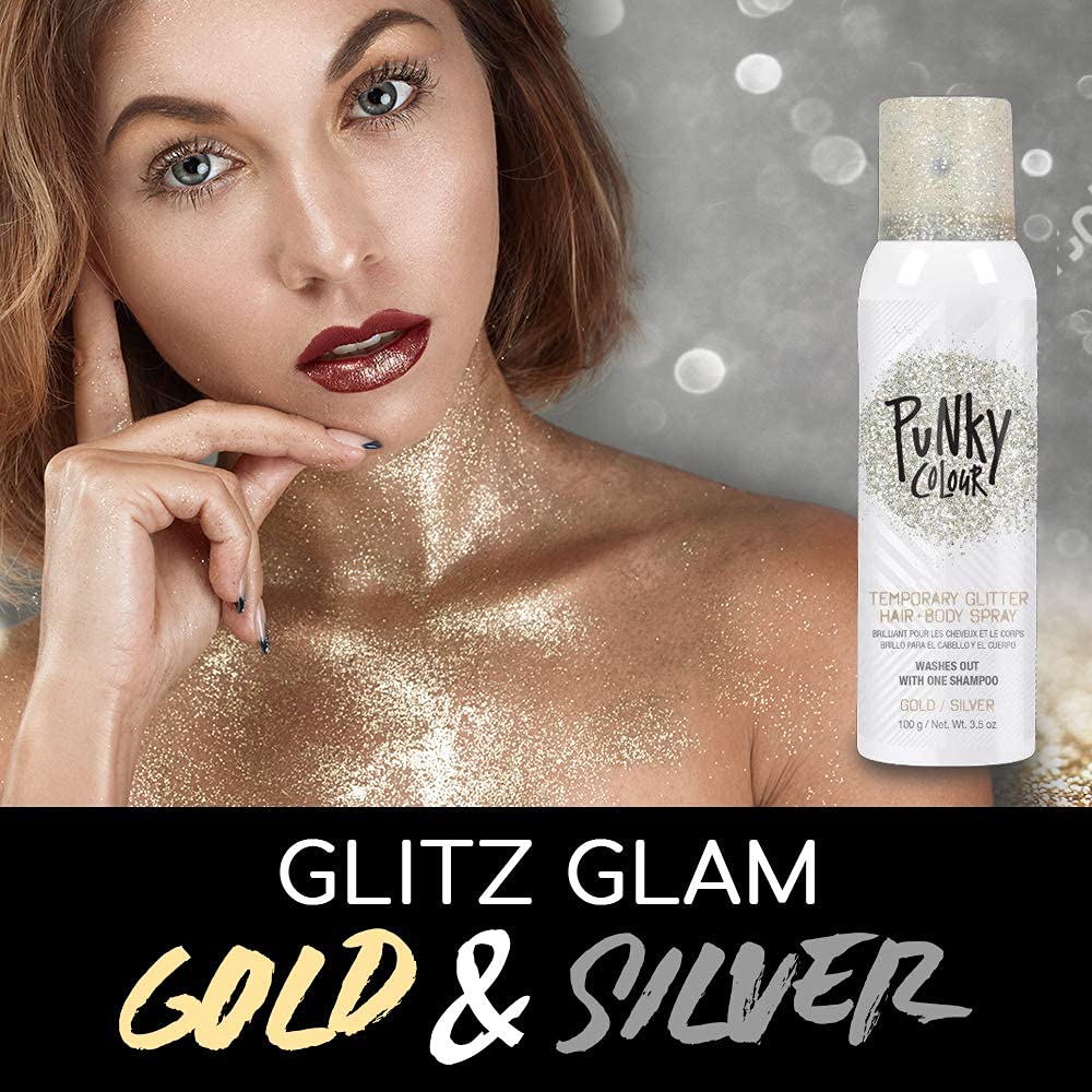 model spraying Jerome Russell glitter on hair for instant shimmering style benefit