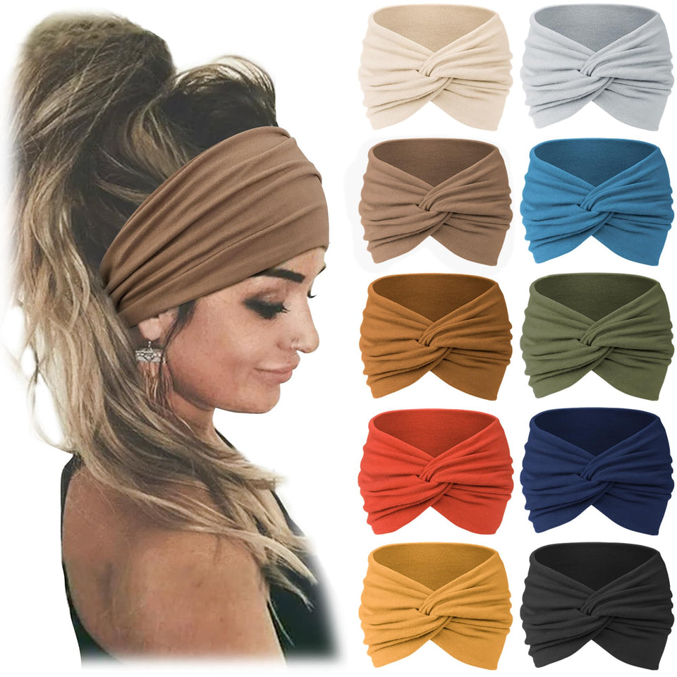 Jesries front view of 10 headbands showing colors and packaging, easy outfit matching
