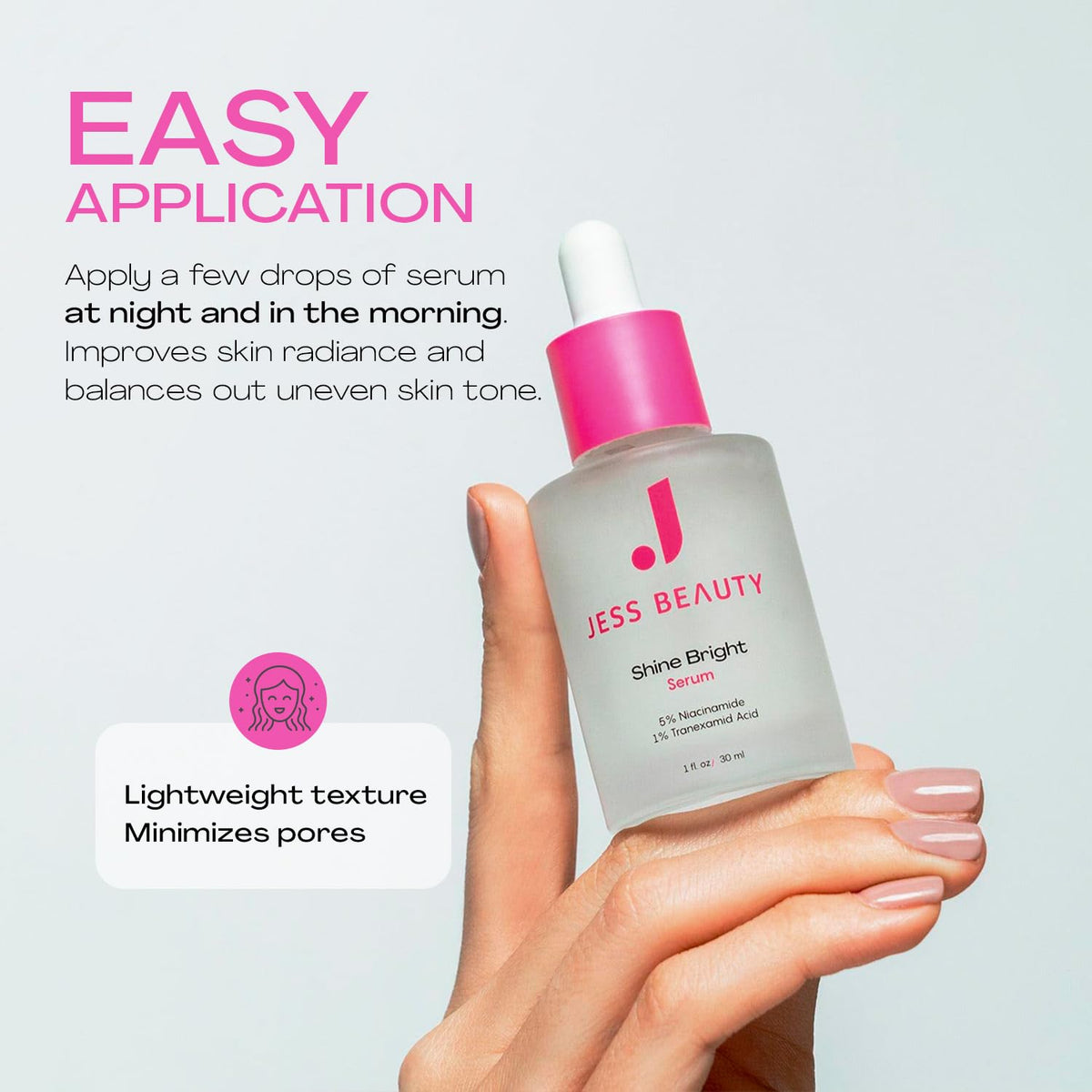 JESS BEAUTY bottle in hand illustrating 1 fl oz size and travel convenience