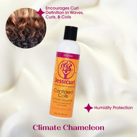 Hand holding Jessicurl Confident Coils 8 fl oz for scale, showing compact size and travel-friendly benefit