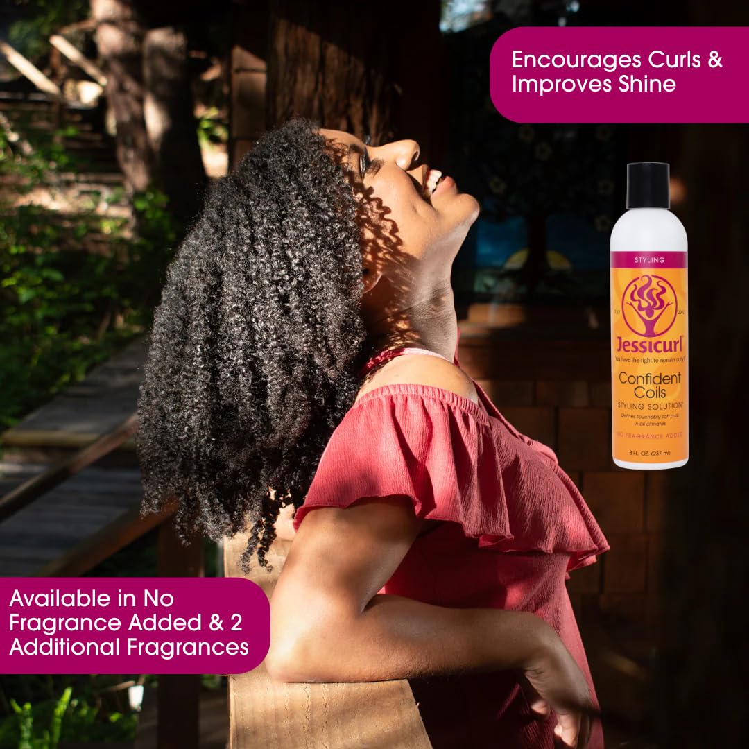Woman applying Jessicurl Confident Coils to wet curls, demonstrating frizz control and humidity protection