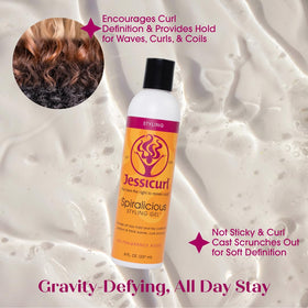 Jessicurl Spiralicious applied to wet curls demonstrating enhanced definition benefit