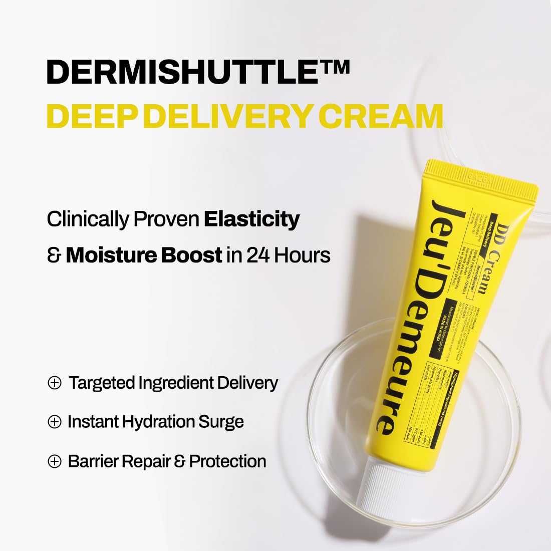 JEU'DEMEURE open cap and creamy texture ready for application, lightweight hydration benefit
