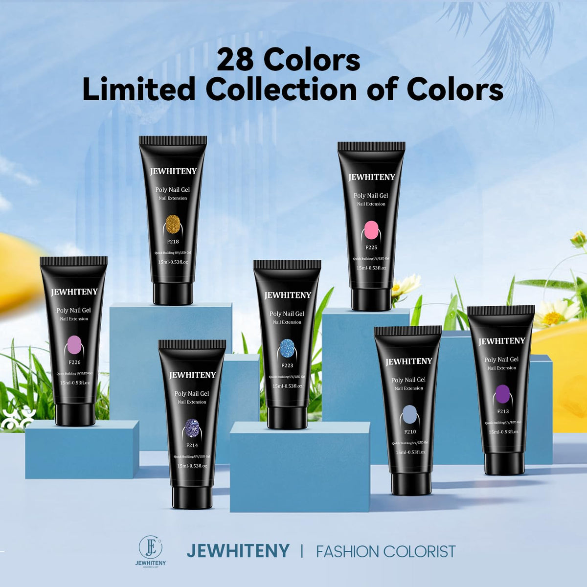 JEWHITENY color swatches row showing nude to glitter tones for design choices