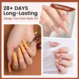 JEWHITENY worn finished nail extensions in a lifestyle setting demonstrating durable shine