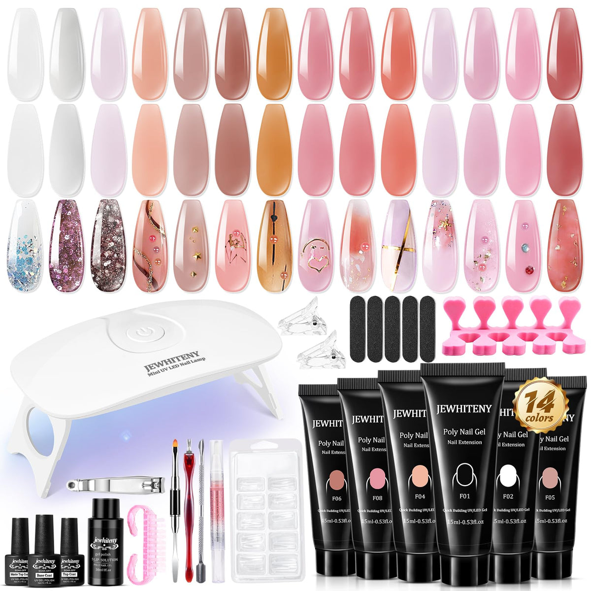 JEWHITENY front kit layout showing all 14 gels and lamp for ready-to-use convenience