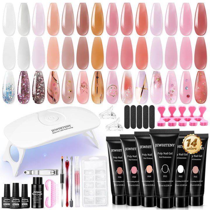 JEWHITENY front kit layout showing all 14 gels and lamp for ready-to-use convenience