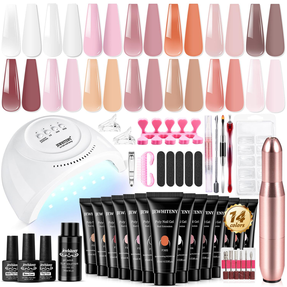 JEWHITENY kit front packaging showing complete polygel set and tools for quick setup