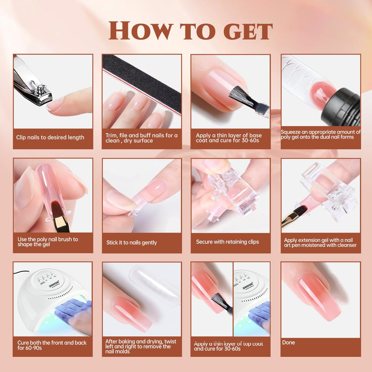 JEWHITENY hands applying polygel on a dual form to form smooth, clean extensions