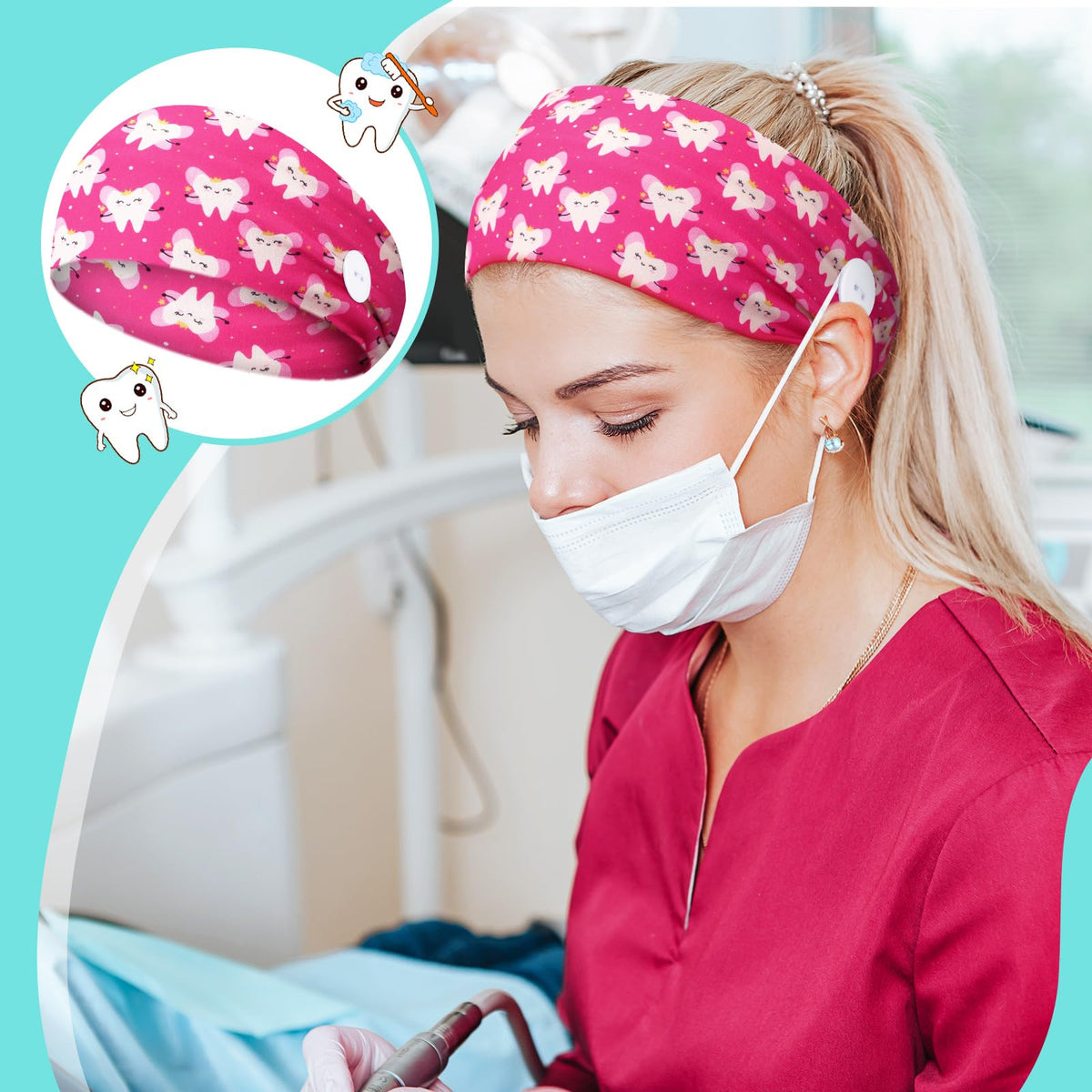 Jexine headband worn by nurse demonstrating secure non-slip fit