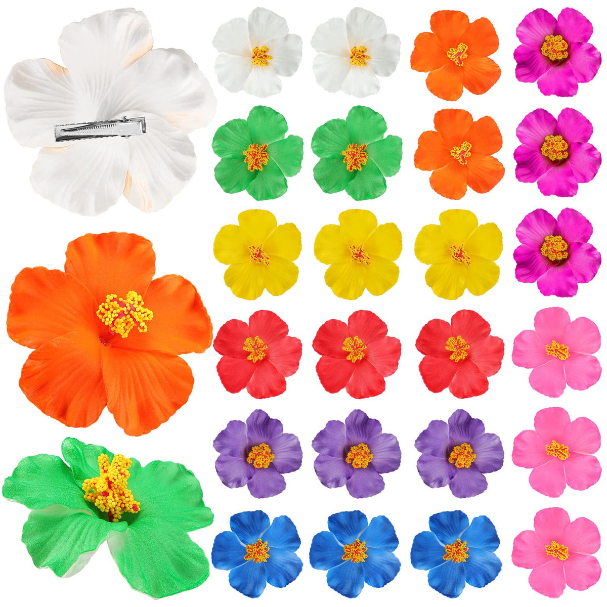 Jexine front packaging showing 27 colorful hibiscus clips and variety