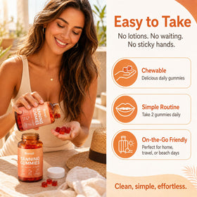 Bronzii bottle in a beach bag lifestyle shot showing Jfsyb suitability for pre-sun routines