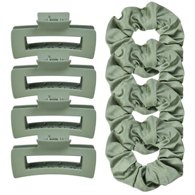 JGQUR front shot of green hair set showing clips and scrunchies, stylish convenience
