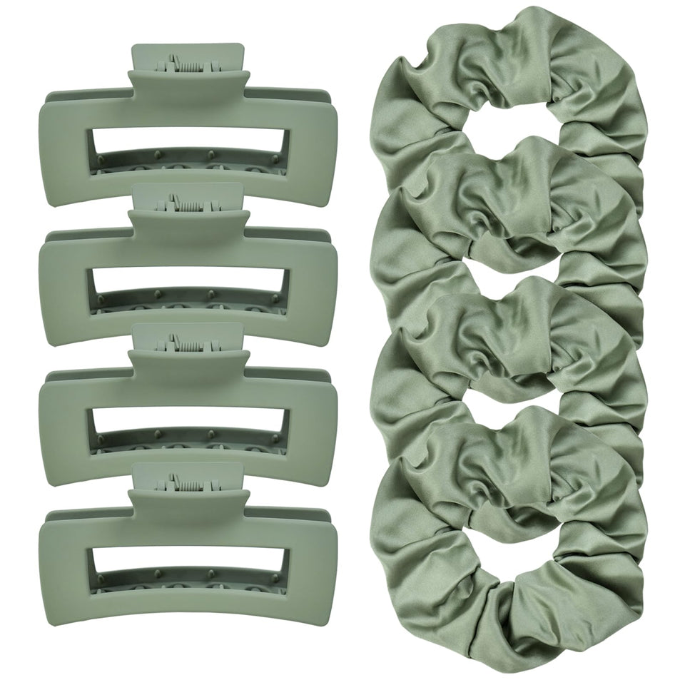 JGQUR front shot of green hair set showing clips and scrunchies, stylish convenience